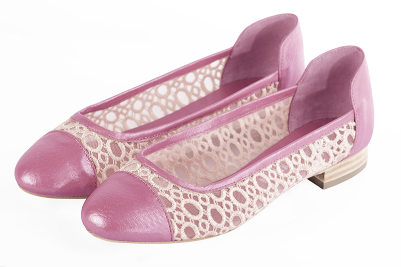 Hot pink and champagne white women's ballet pumps, with low heels. Round toe. Flat leather soles. Front view - Florence KOOIJMAN